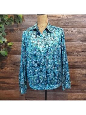 Koret Blue Silky Blouse Shoulder Pads Ruffle Womens Size 10